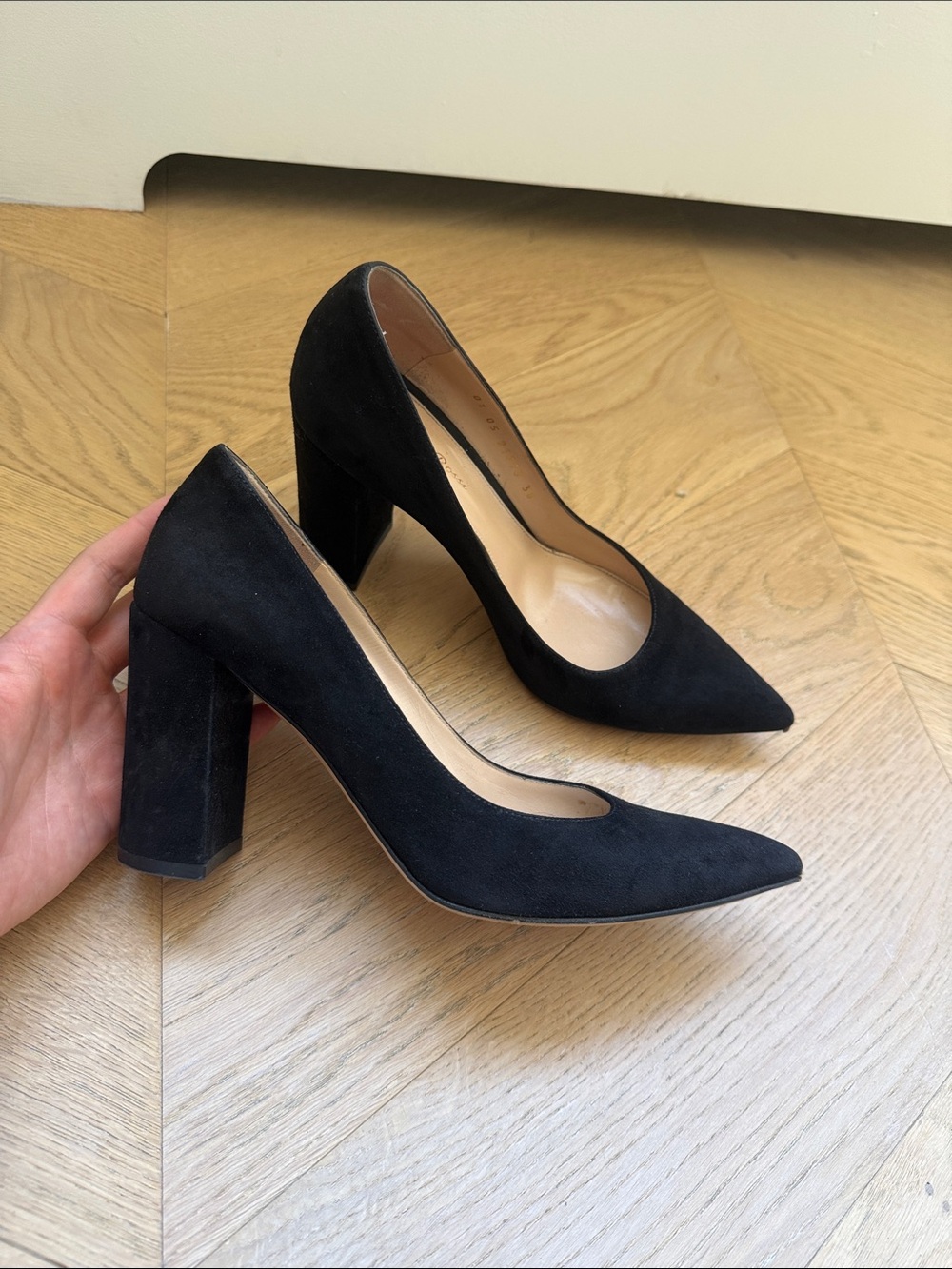 Gianvito Rossi Black Suede Pointed Block Heel Pumps